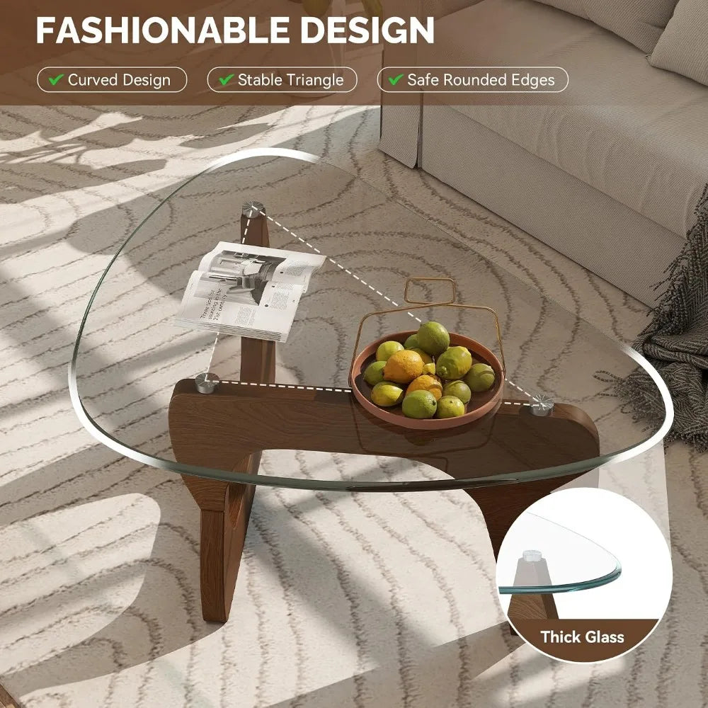 Triangle Glass Coffee Table with Wooden Base for Living Room and Office