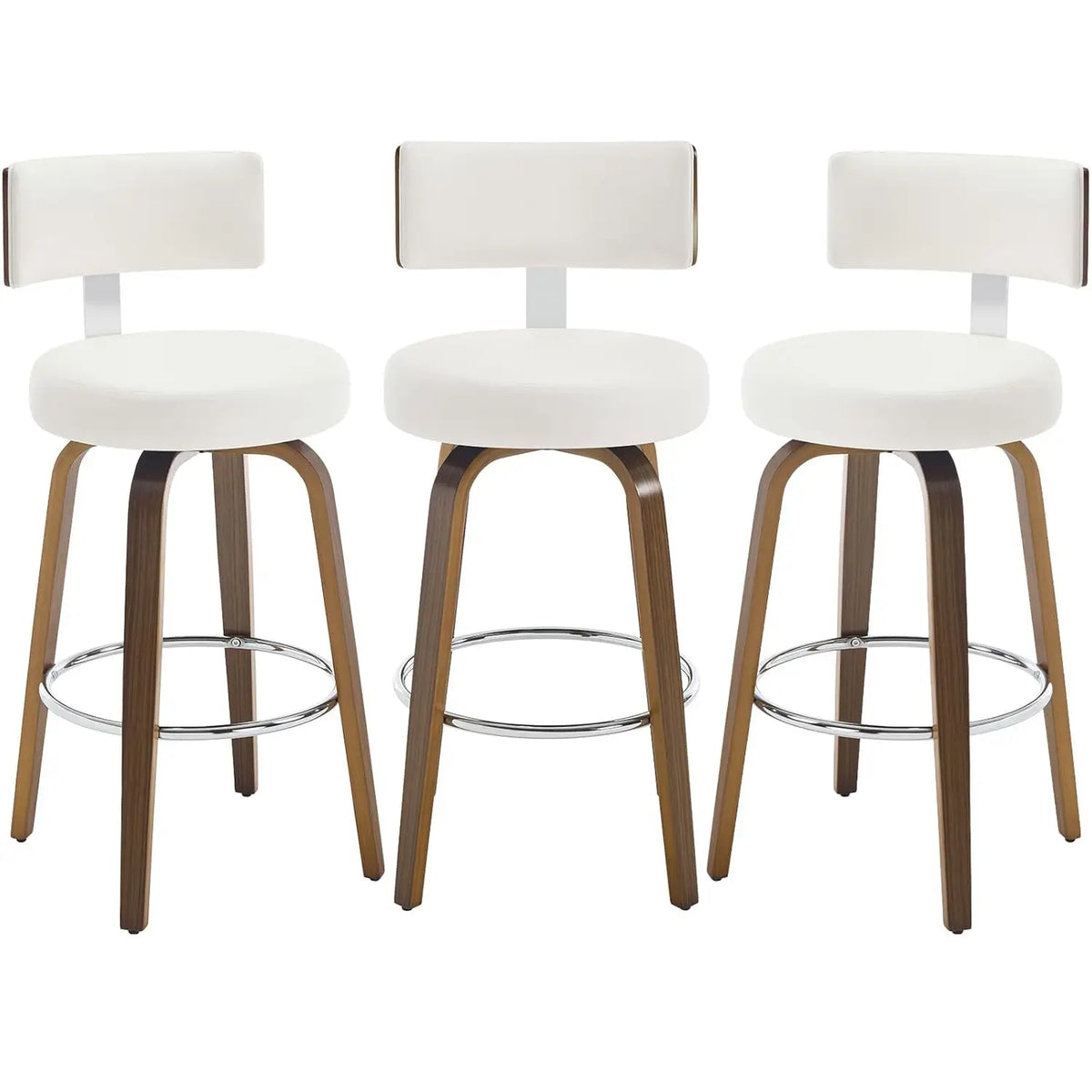 Swivel Counter Stools Set 3 Faux Leather Kitchen Barstool with Back Walnut Wood Legs 26" Seat White, Custom
