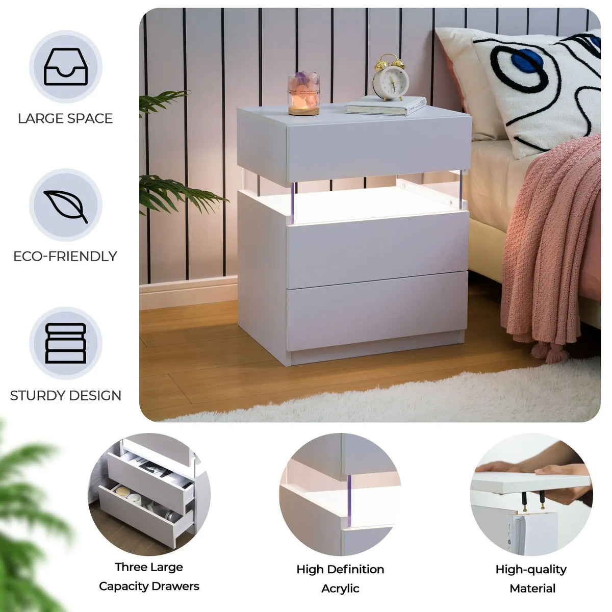 Cubehom Bedside Tables Set With LED Lighting And 3 Drawers