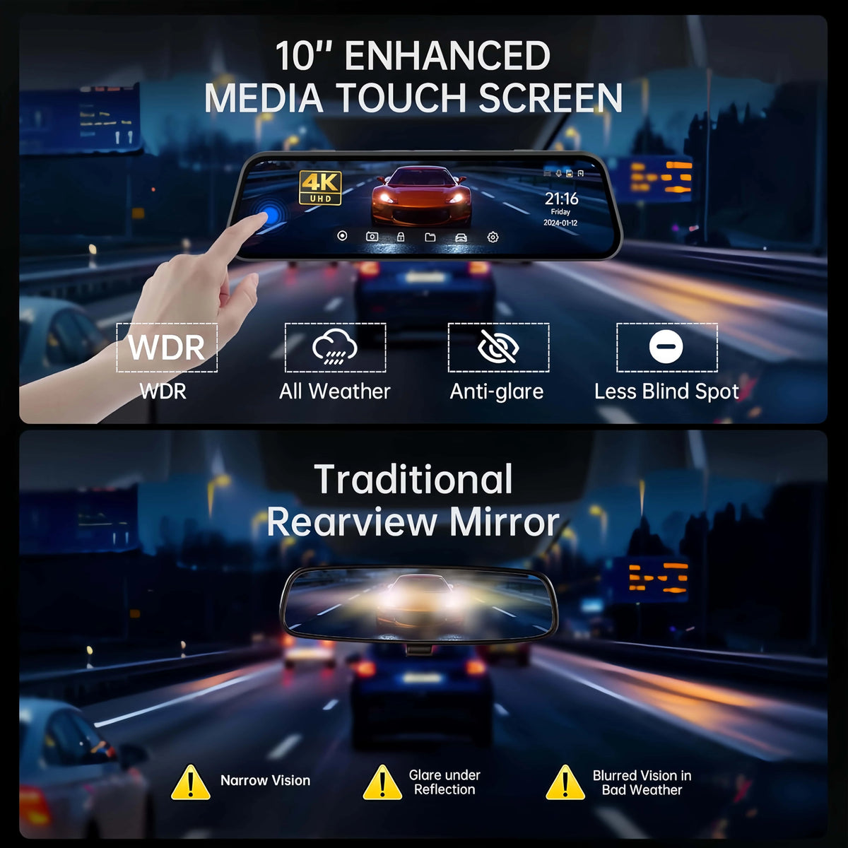4K UHD Dual Dash Cam Front and Rear - 10" Touch Screen Mirror Camera with Night Vision, G-Sensor | 32GB SD Card Included (Gift)