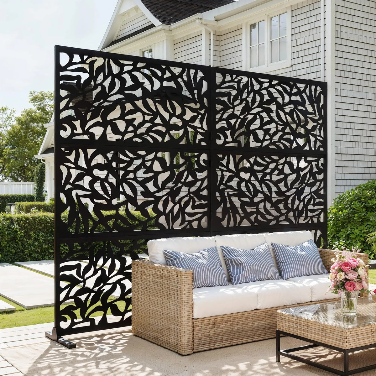 72"x47" Outdoor Metal Privacy Screen, Freestanding Laser Cut Decorative Fence Panel With Stand, Weatherproof Steel For Patio