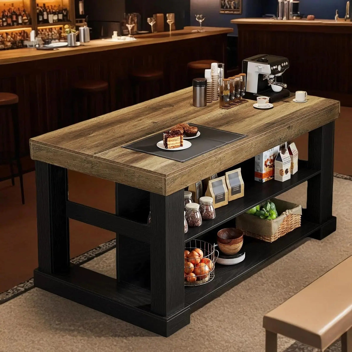 Kitchen Island Table With Large Countertop And 3 Tier Storage