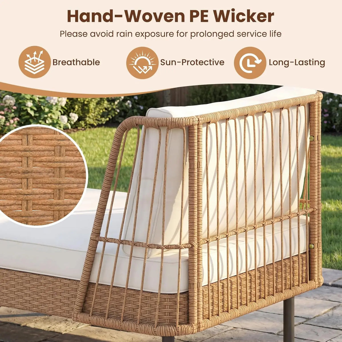 2 Seater Outdoor Rattan Daybed Sofa with Armrests Cushions Pillows Boho Loveseat for Porch Backyard Garden Poolside, Customized