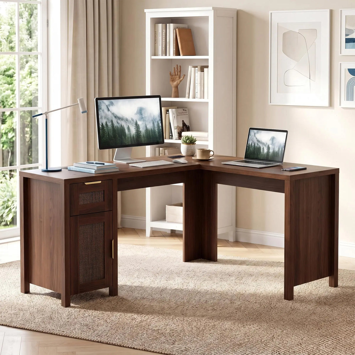 HiMISS Modern L Shaped Office Desk With Storage Shelves