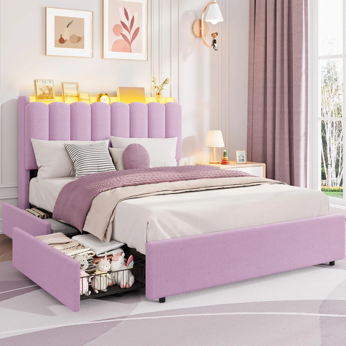 GAOMON Upholstered Bed with RGB LED Lighting and Storage Drawers