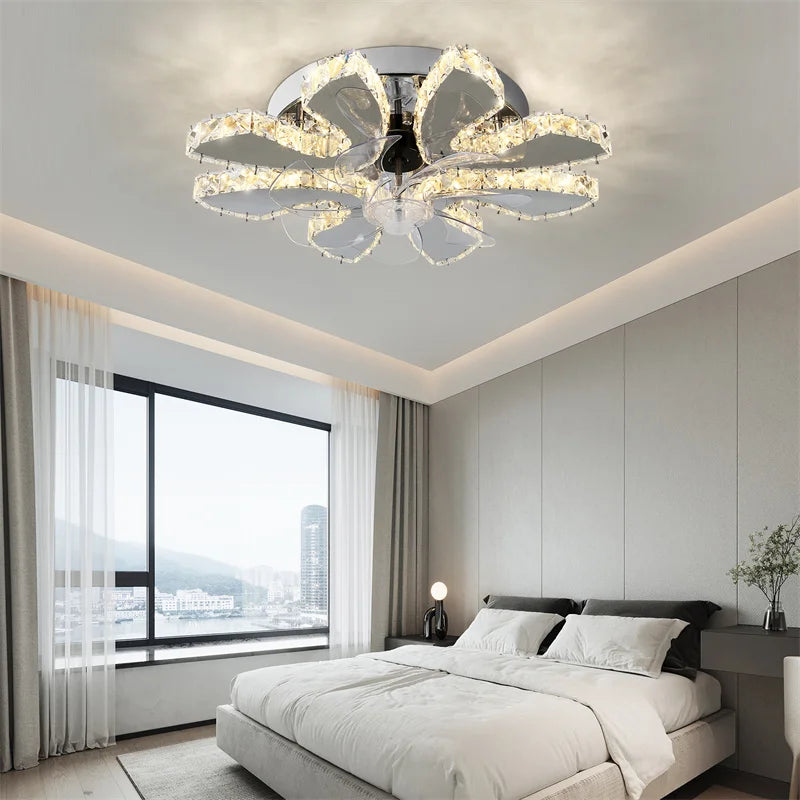 GreeLustr Remote Control Crystal Ceiling Fan Light With Retractable Blades