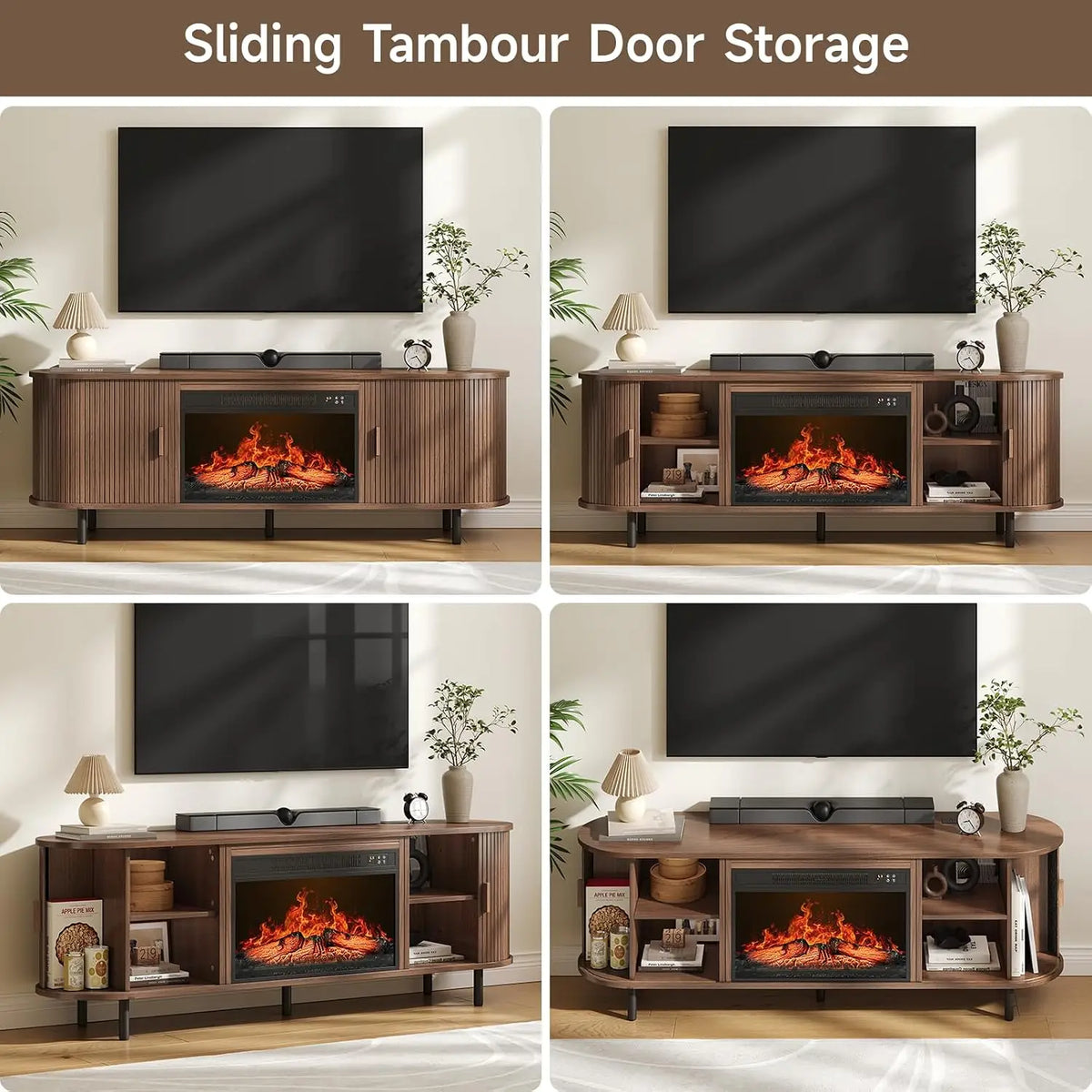 ONBRILL Fluted Electric Fireplace TV Stand With Sliding Doors