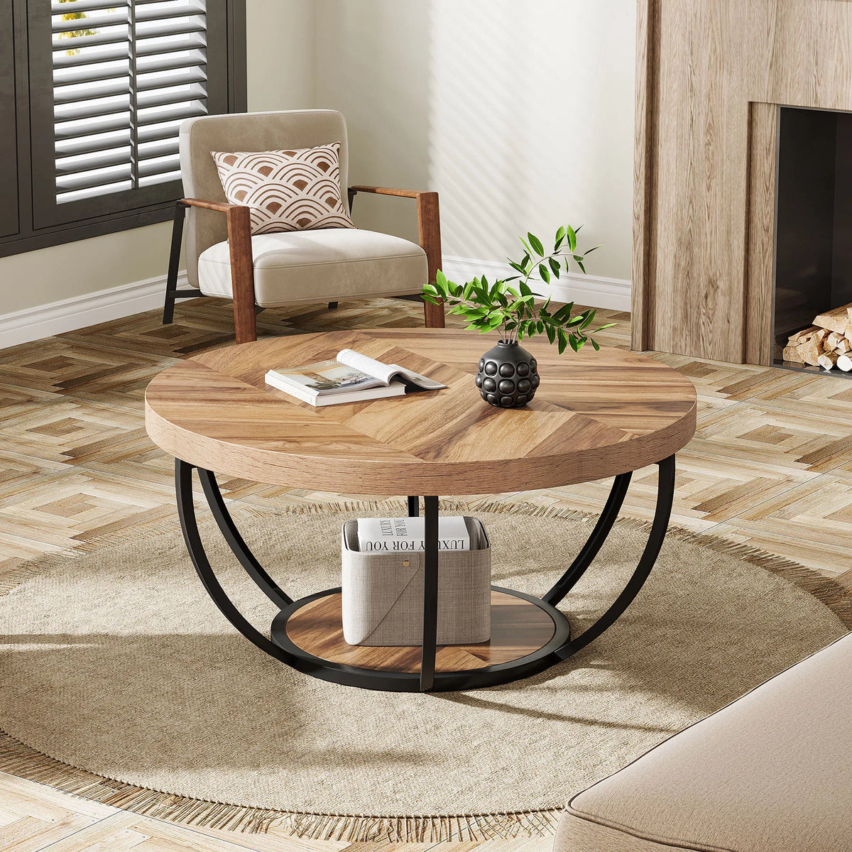 Tribesigns 31.7" Round Coffee Table, Industrial 2-Tier Circle Coffee Table with Storage Shelves, Modern Wooden Accent Center Tab
