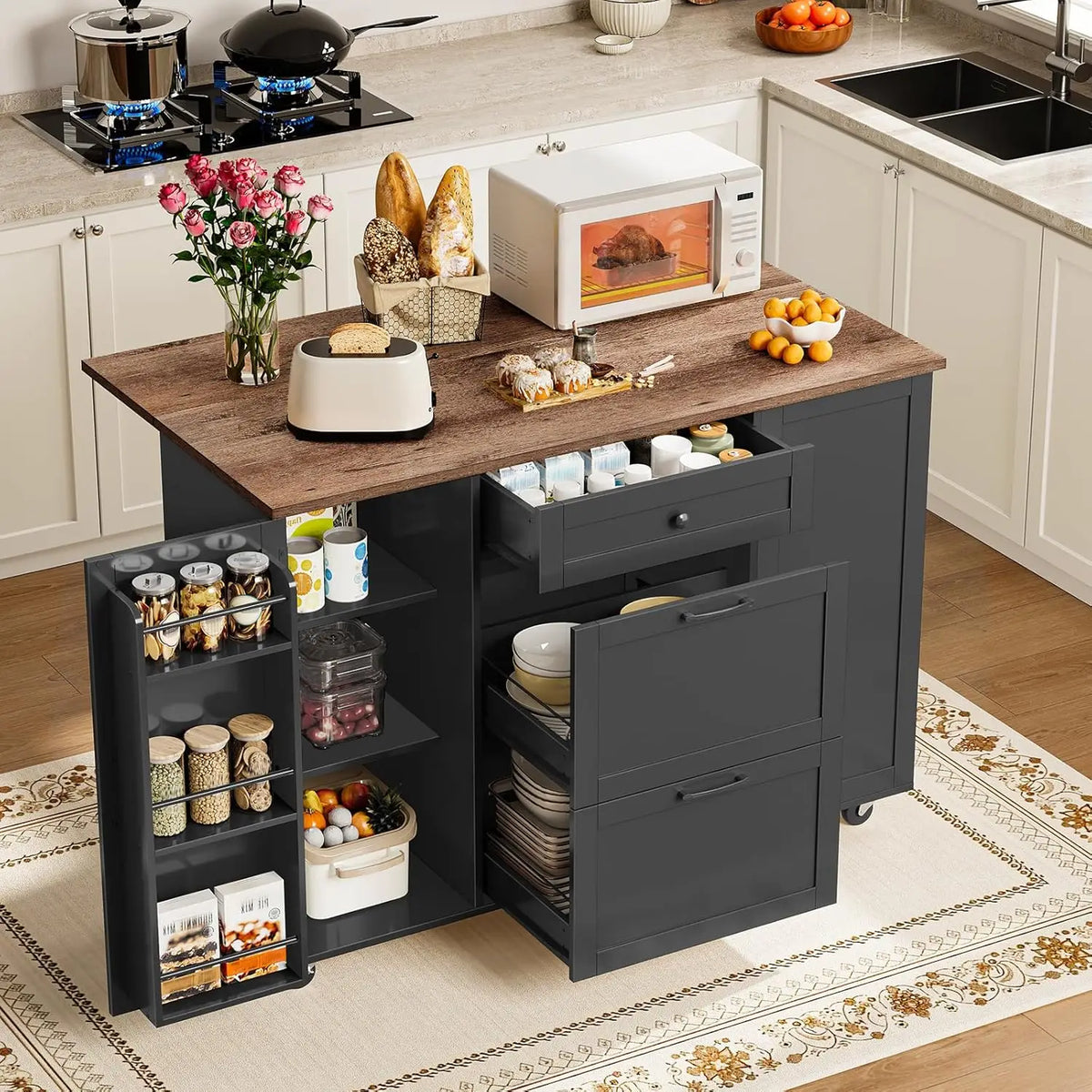 Kitchen Island Cart With Drop Leaf Tabletop And Storage Shelves Farmhouse Style
