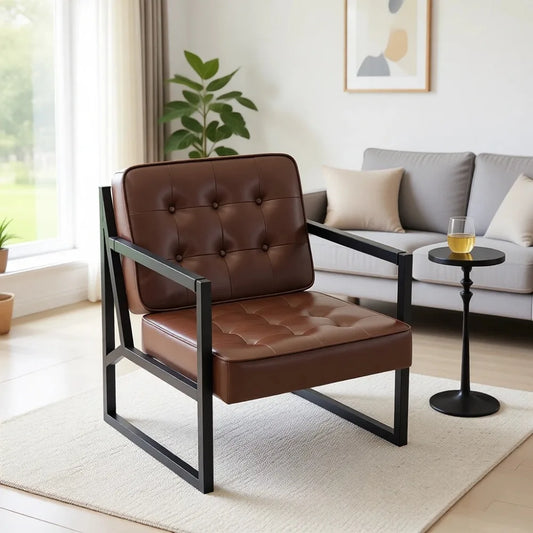 Mid Century Modern Accent Chair, Comfortable Brown Leather, Metal Legs for Various Rooms