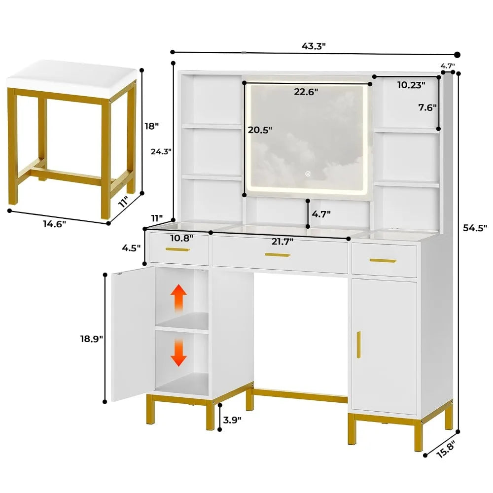 Vanity Desk With Lighted Mirror, Glass Top And Charging Station