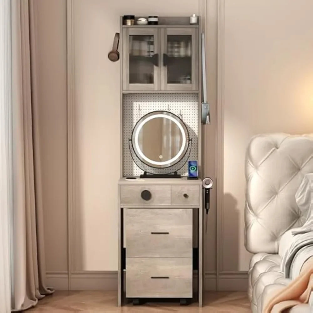 space-saving makeup vanity set with storage drawers and chair, desk-style vanity with illuminated mirror
