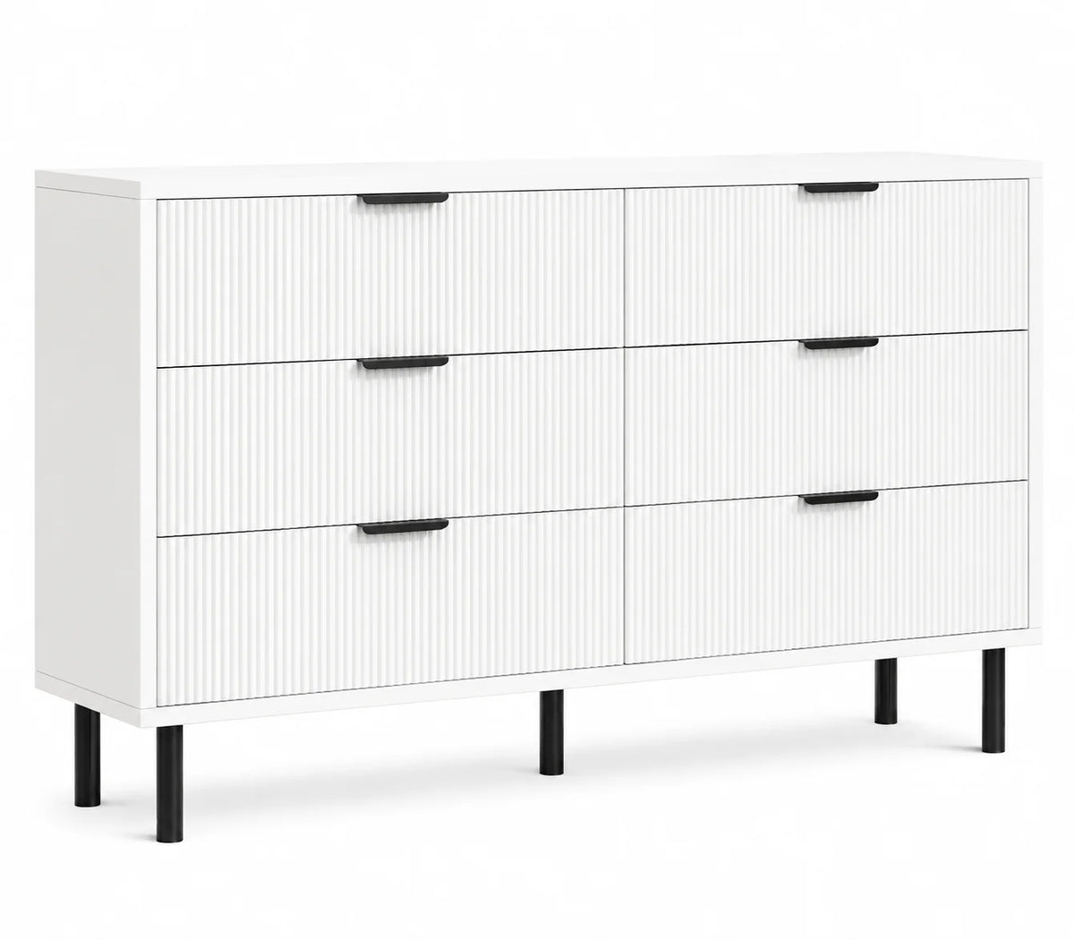 Fluted 6 Drawer Dresser with Metal Legs Wide Storage Cabinet Wood Chest of Drawers Anti Tipping Design Bedroom Living Room Hallway Organizer