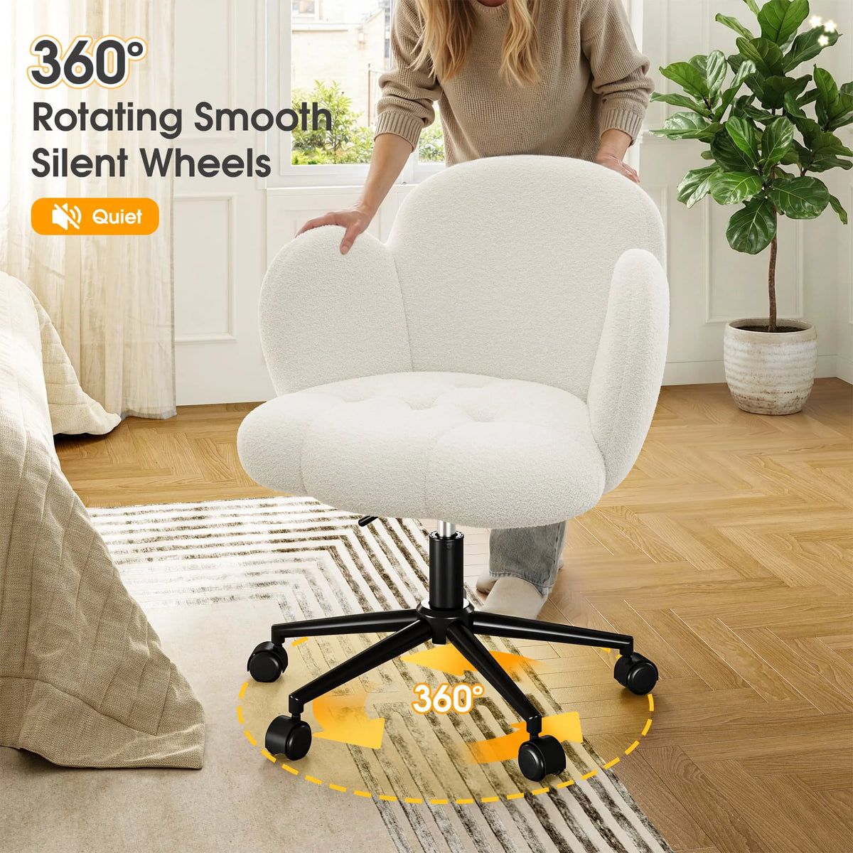 EnHomee Petal Vanity Chair with Wheels, Aesthetic Height Adjustable 360°Swivel Desk Chair, 3.5" Thick Comfy Backrest Task Chair for Bedroom Living Room