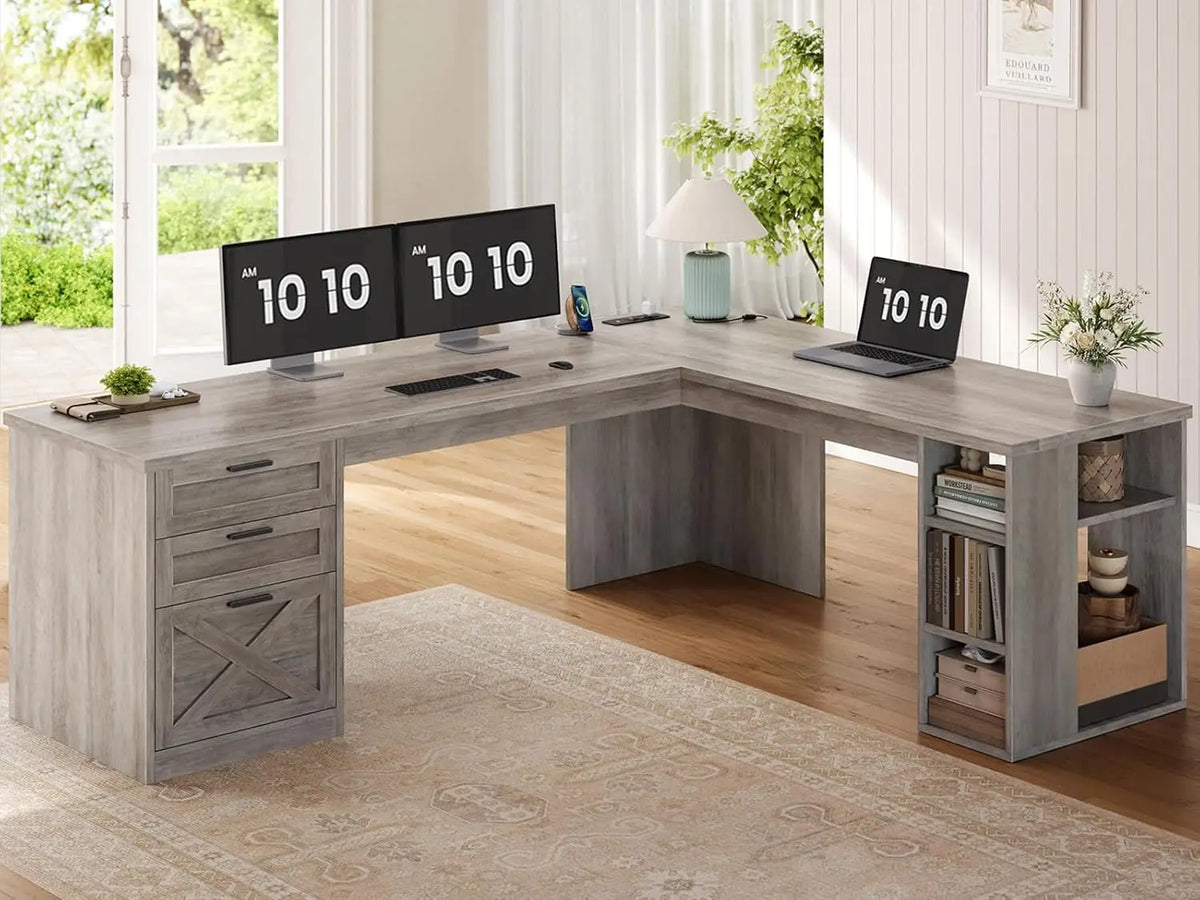 Farmhouse L Shaped Desk With Drawers And Storage Shelves