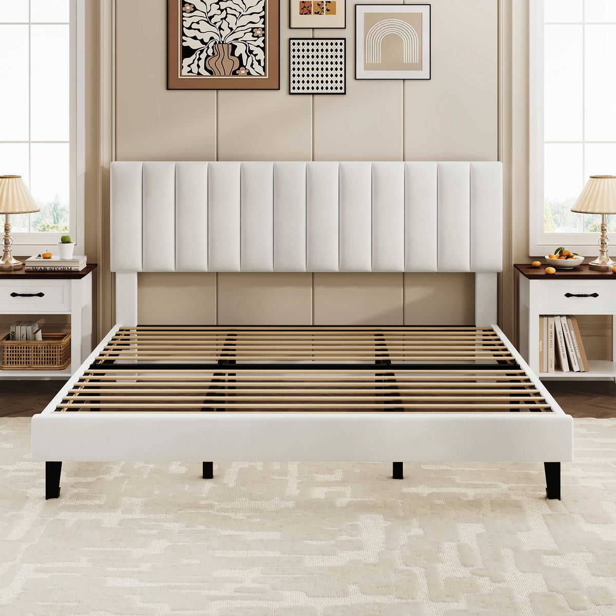 GAOMON Velvet Upholstered Platform Bed Frame With Adjustable Tufted Headboard