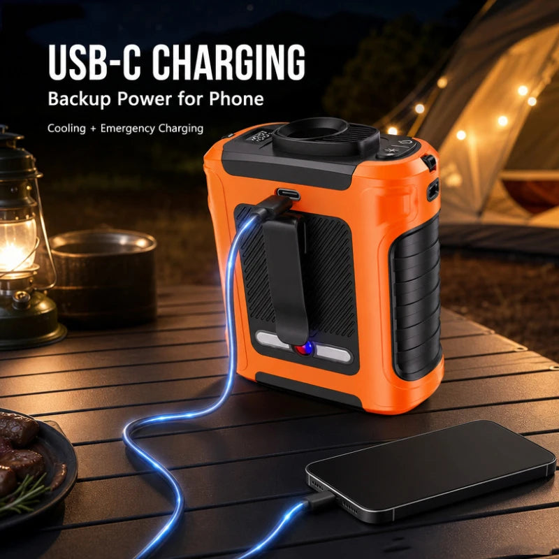 Portable Waist Fan with 8000mAh Rechargeable Battery LED Light Brushless Motor 5 Speed Levels Lasts 5-8 Hours for Outdoor Use