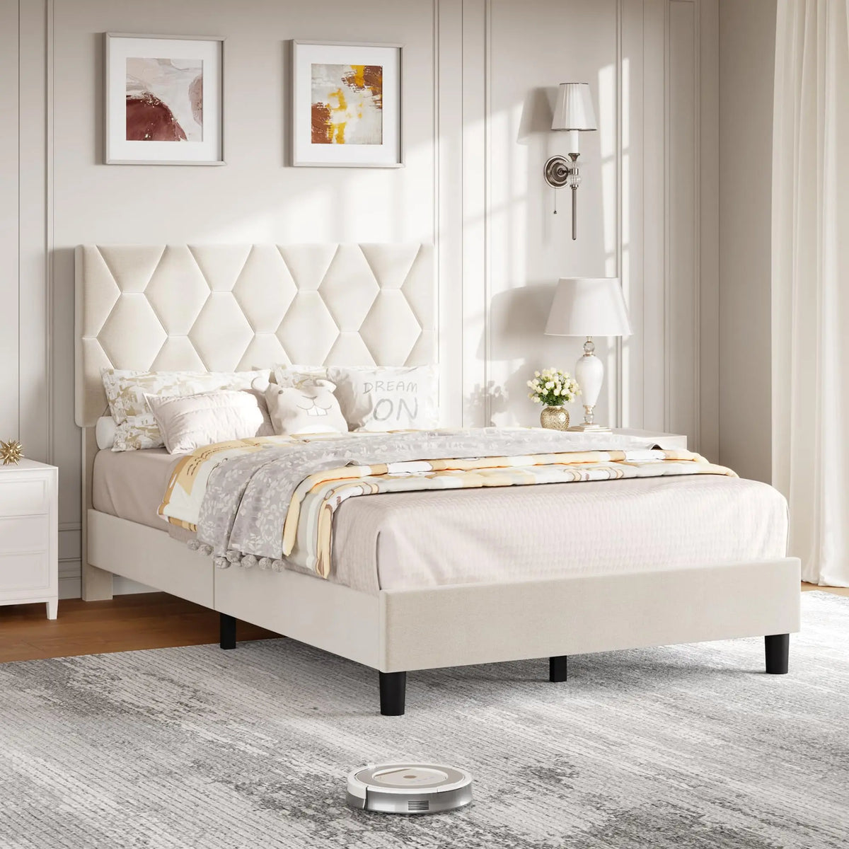 GAOMON Upholstered Platform Bed With Padded Headboard And Wooden Slats