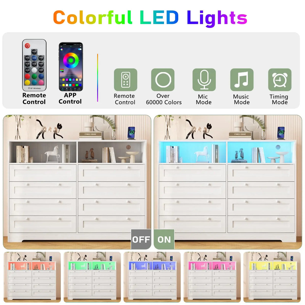 8 Drawer White Wood Dresser With LED Lights, Charging Station & Open Shelves, TV Stand For Bedroom, Living Room, Entryway