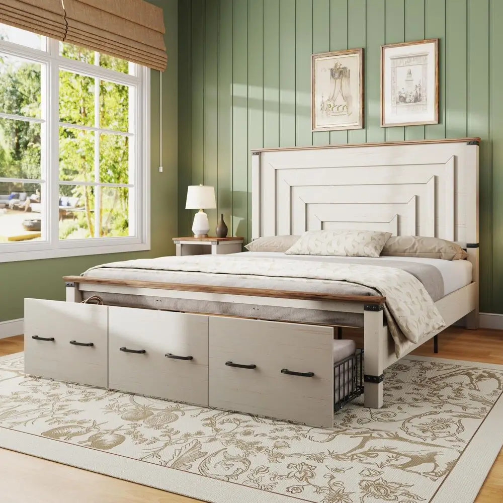 XMSJ Farmhouse Platform Bed Frame With Geometric Headboard And Storage