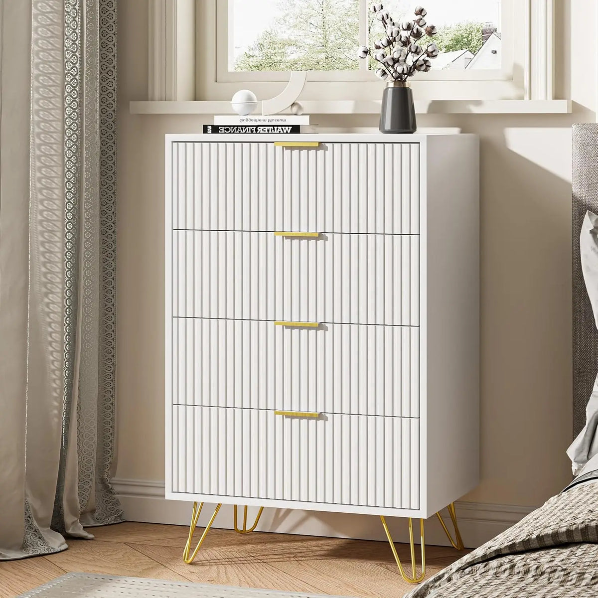 White Modern Dresser with Gold Metal Handles for Bedroom