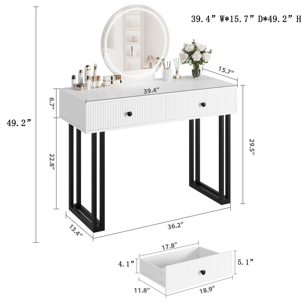 Vanity Desk with Mirror and Lights, Small Makeup Vanity with 2 Drawers, Modern Vanity Organizer with 3 Color Lights&Adjustable Brightness, Dressing Table for Bedroom
