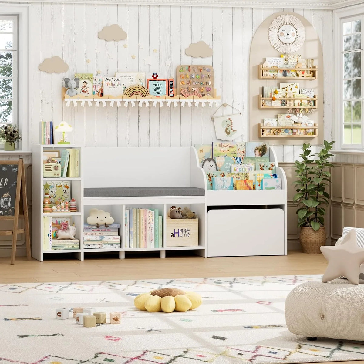67"W Kids Reading Nook with Bookshelf, Toy Storage Organizer, White | Cushioned Bench & Large Movable Toy Storage Box on Wheels, 6 Open Cubbies for Ease Fetch, Kid Bookcase for Playroom, Kid Room