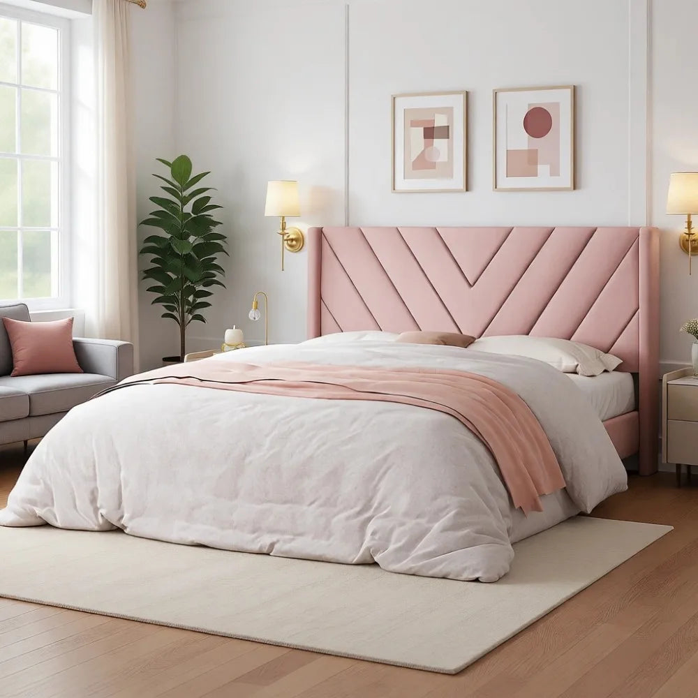 Bed Frame With Tufted Wing Sides And Mattress Base