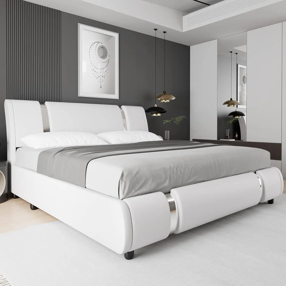 Faux Leather Platform Bed With Adjustable Headboard And Wood Slats