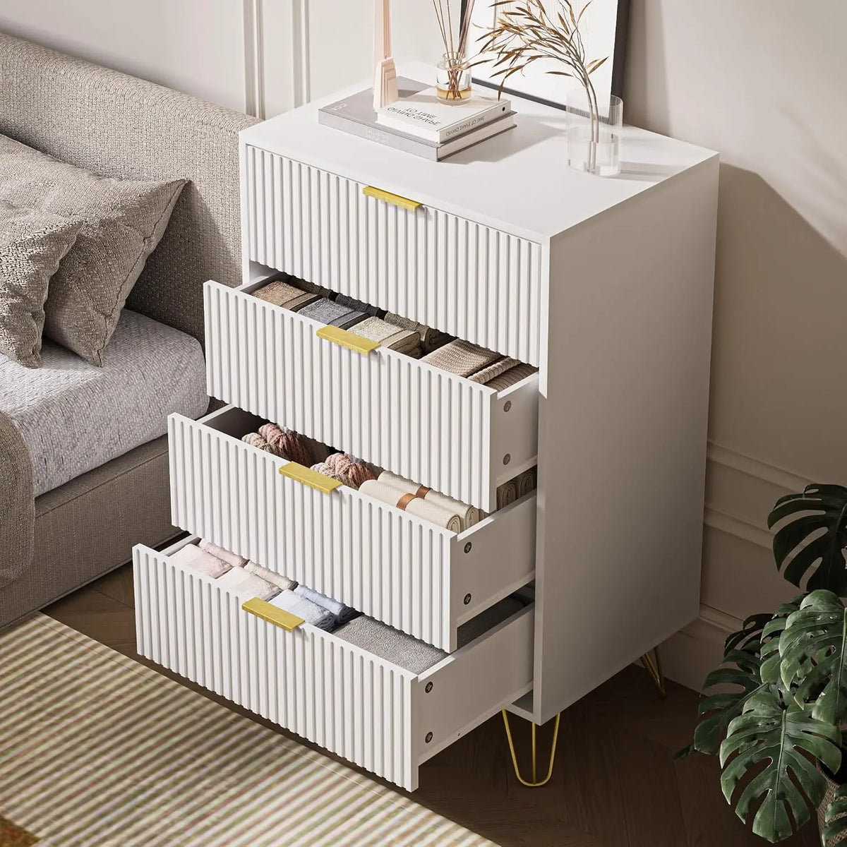 White Modern Dresser with Gold Metal Handles for Bedroom