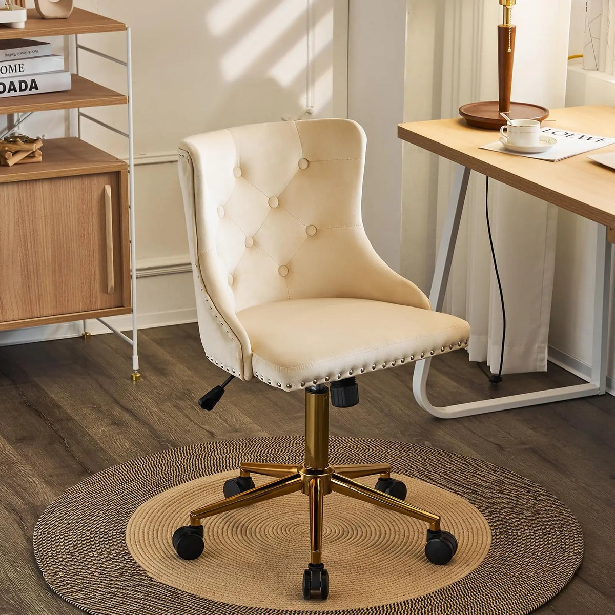 VINGLI Small Cute Green Velvet Office Desk Chair Gold Base Adjustable Swivel Armless Makeup Vanity Chair For Women Girls