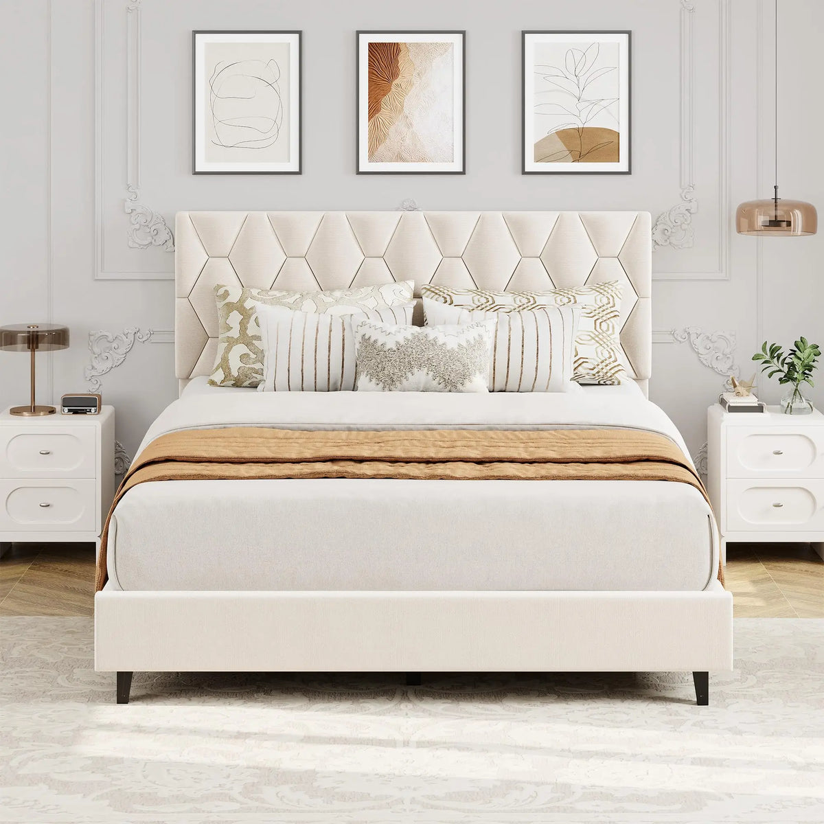 GAOMON Upholstered Platform Bed With Padded Headboard And Wooden Slats