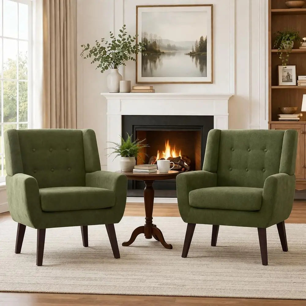 Upholstered Button Tufted Accent Chairs Set of Two Wooden Legs