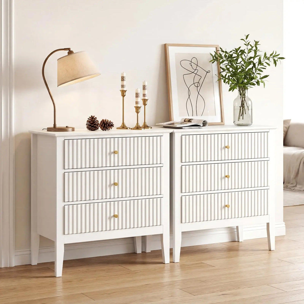 31.5 Inch Fluted Nightstand With Charging Station, 3 Drawer Bedside Table Raised Leg Storage Cabinet For Bedroom Living Room Home