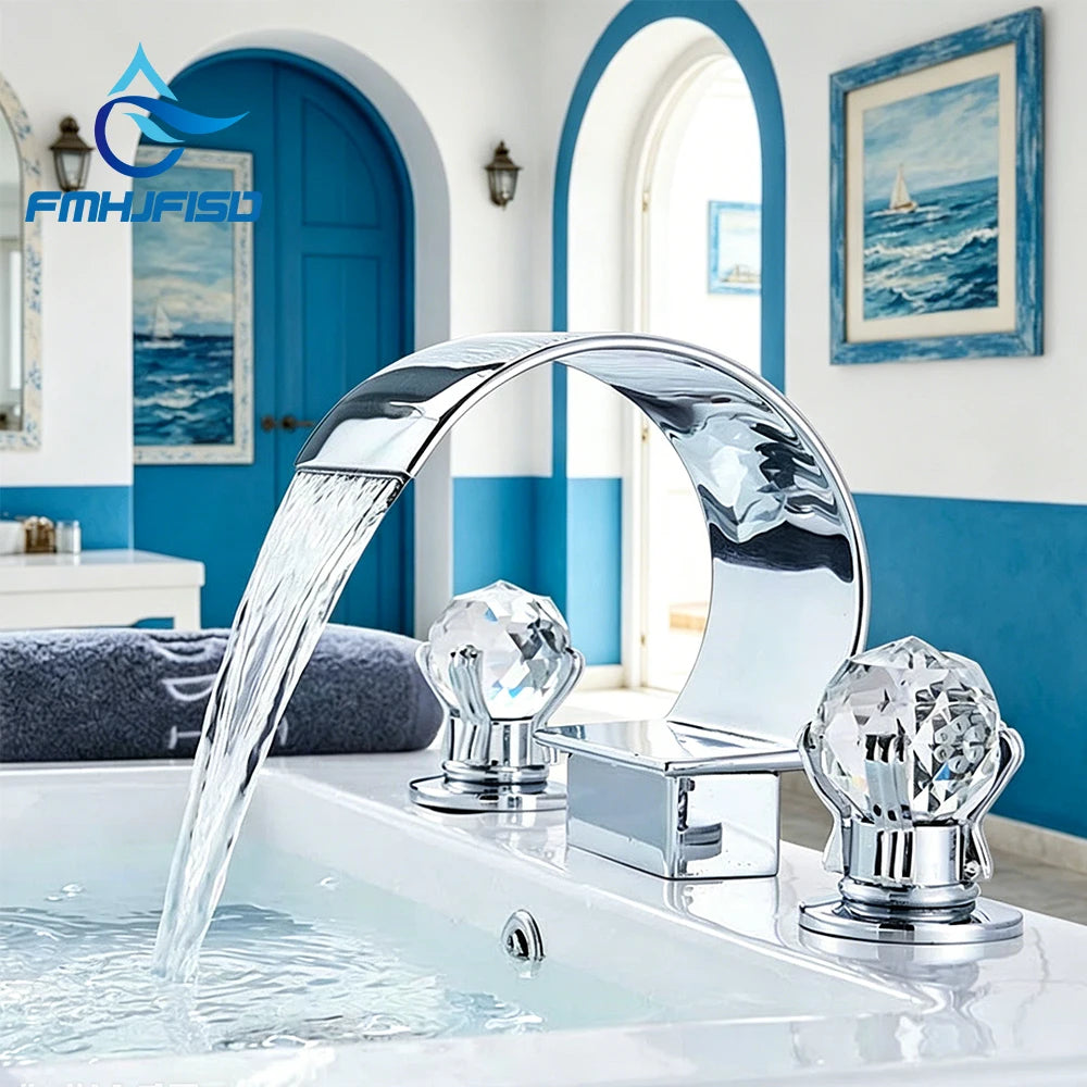 Golden Bathroom Basin Faucet Hot Cold Mixer Faucets Crystal Handle Waterfall Basin Faucet Torneira Taps Deck Mounted Sink Crane