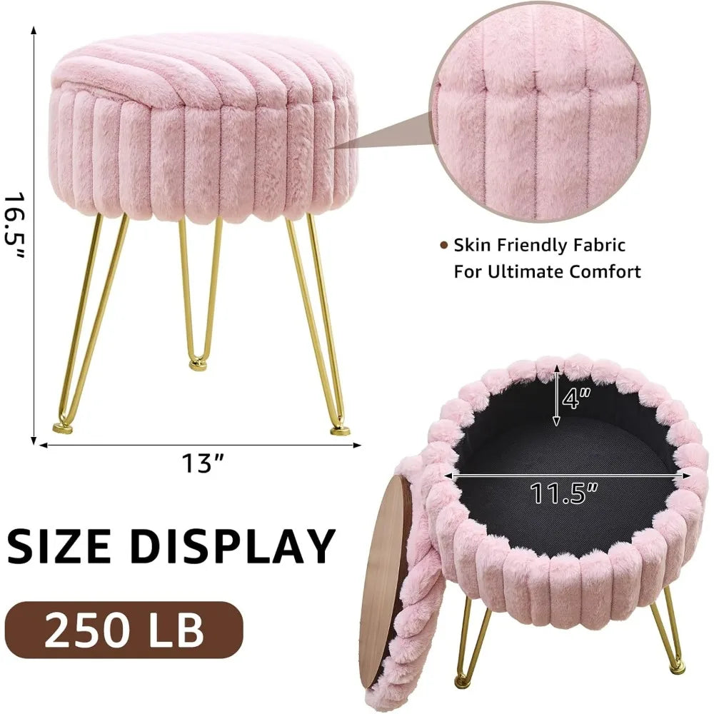 XIUWO Round Faux Fur Ottoman With Storage And Metal Legs