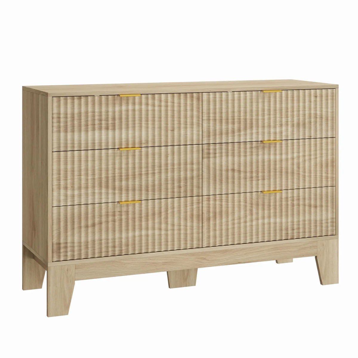Modern Fluted Six Drawer Dresser With Metal Handles And Storage