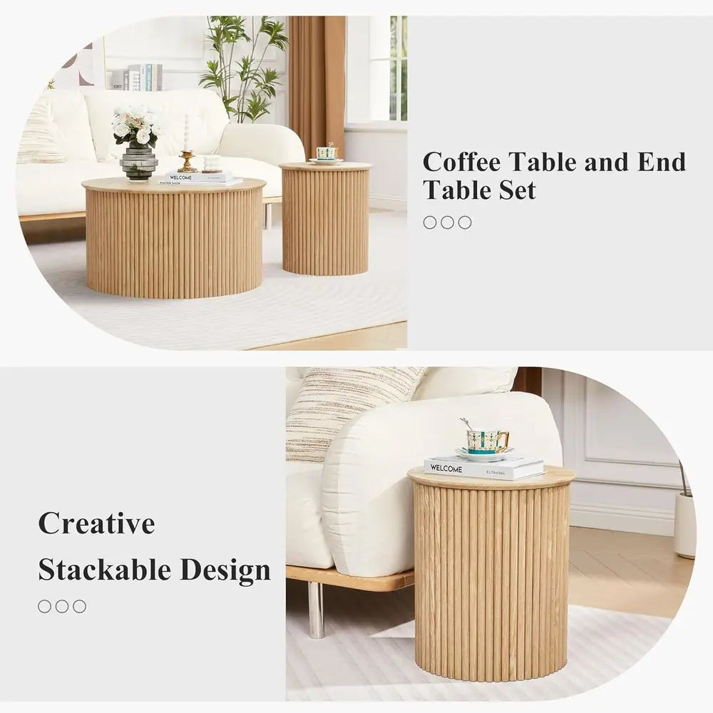 luted Round Nesting Coee Table Set o 2, Century ern Wood Coee Tables and End Table Set, Circle Side Table Minimalist Center Tabl