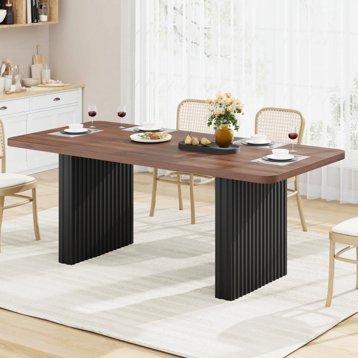 71 Inch Industrial Dining Table For 6-8, Farmhouse Rectangular Kitchen Table With Rustic Wood Top And Black Fluted Metal Legs