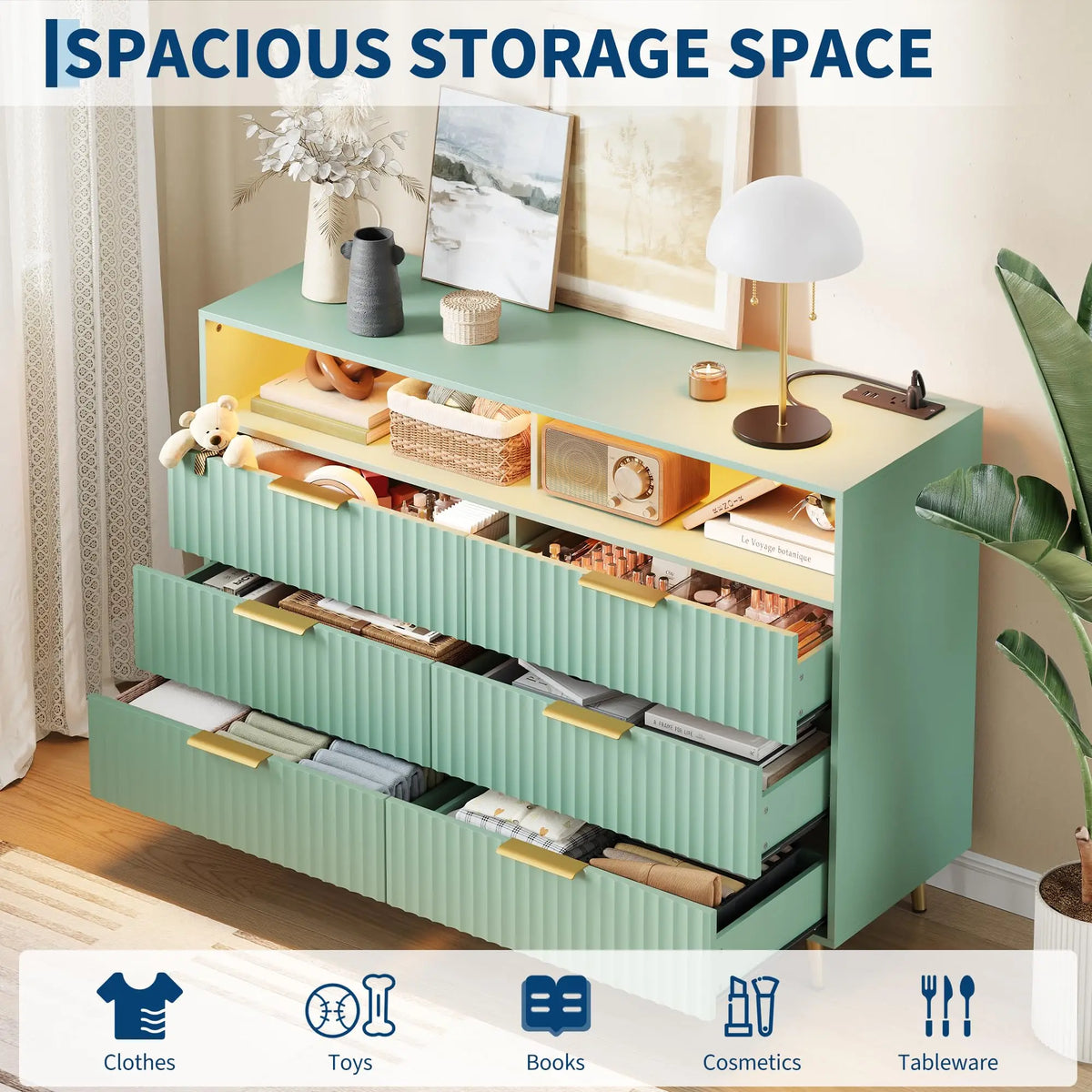 GAOMON Fluted Wood Dresser With LED Lights And USB Charging
