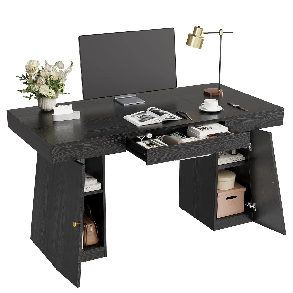 HiMISS Modern Computer Desk With Drawer Cabinet And Storage Shelves