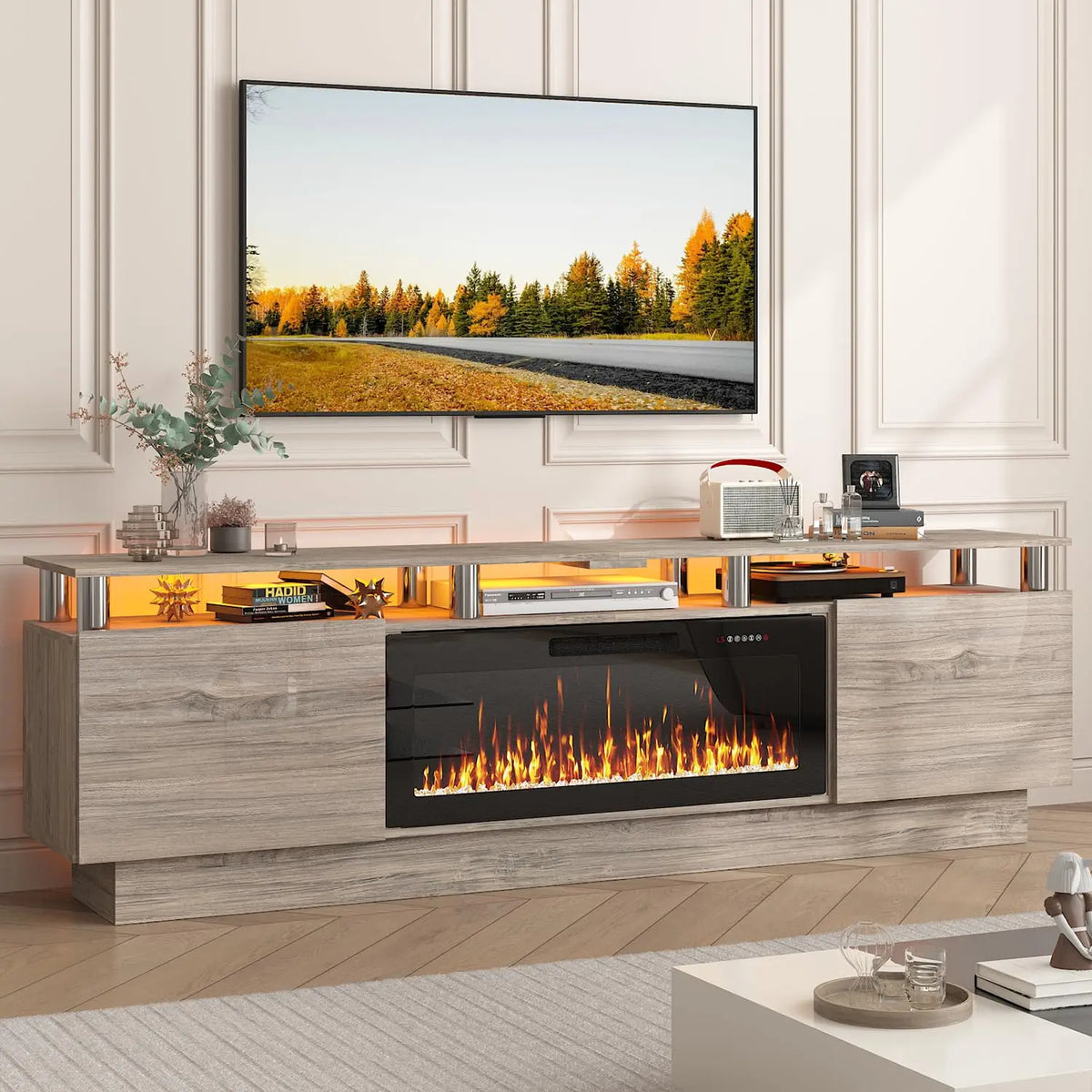 Modern Wood Electric Fireplace TV Stand Entertainment Center LED Lighting