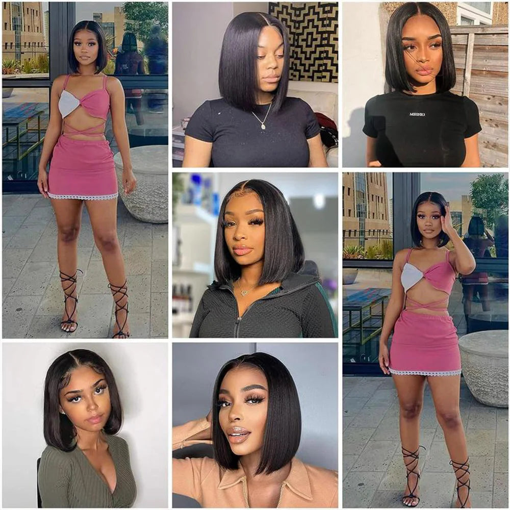 100% Virgin Human Hair Bob Wigs Straight 3x1 T Part HD Lace Closure Wig 1B Natural Black 8 to 16 Inch Glueless Wear and Go