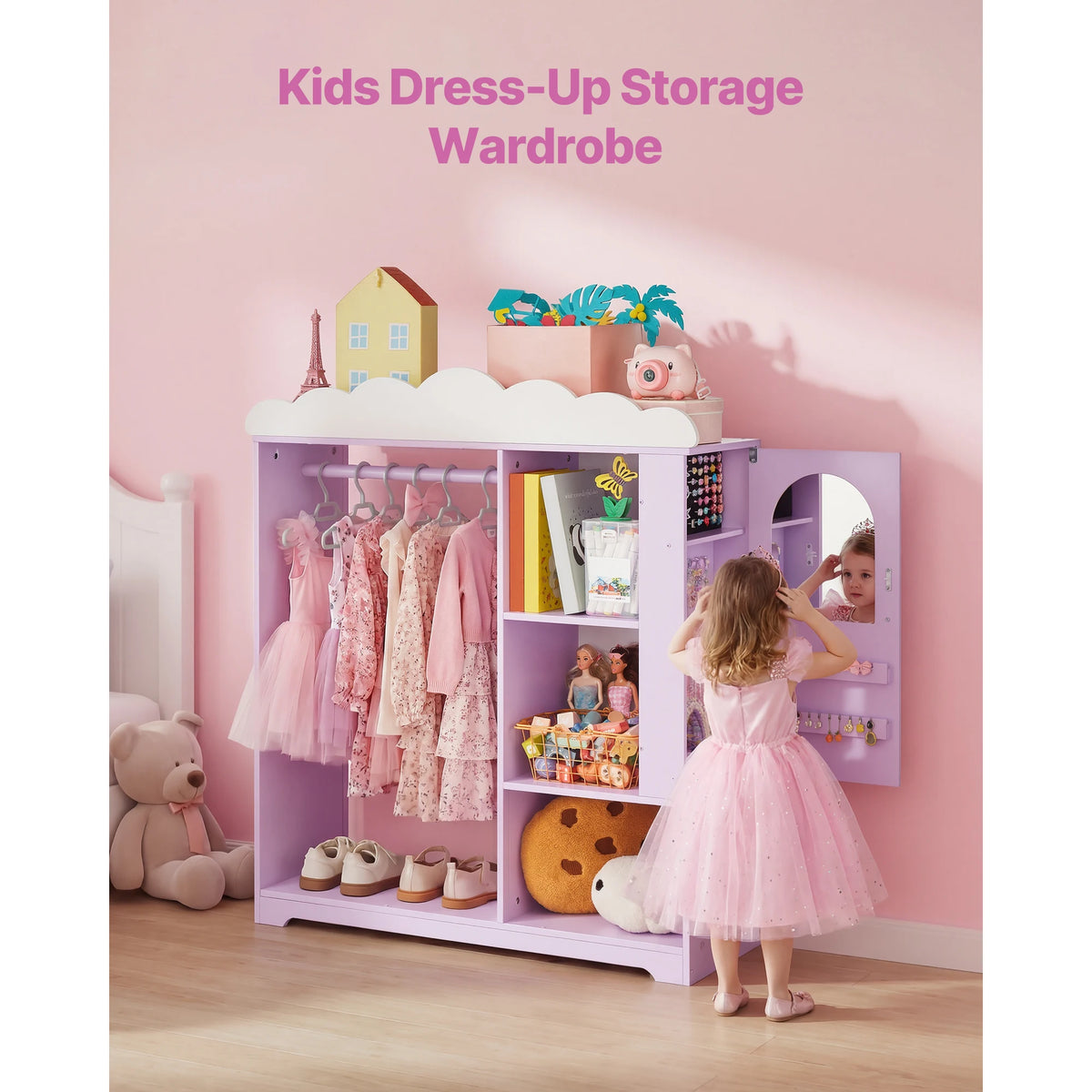 SucceBuy Kids Dress Up Wardrobe Closet With Mirror And Shelves