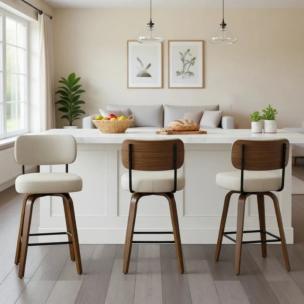 Set Of Three Comfortable Upholstered Counter Height Bar Stools Backrest