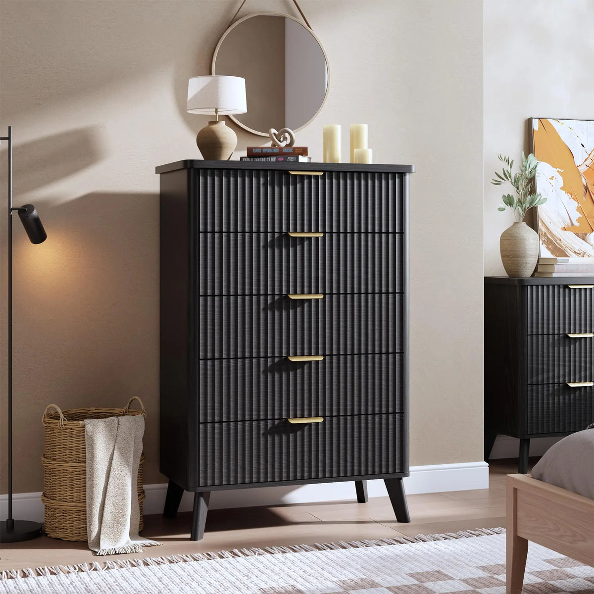 Modern Fluted Five Drawer Dresser With Deep Storage Cabinet