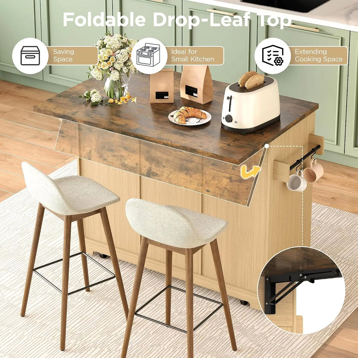 Kitchen Island With Foldable Drop Leaf And Wine Cabinet