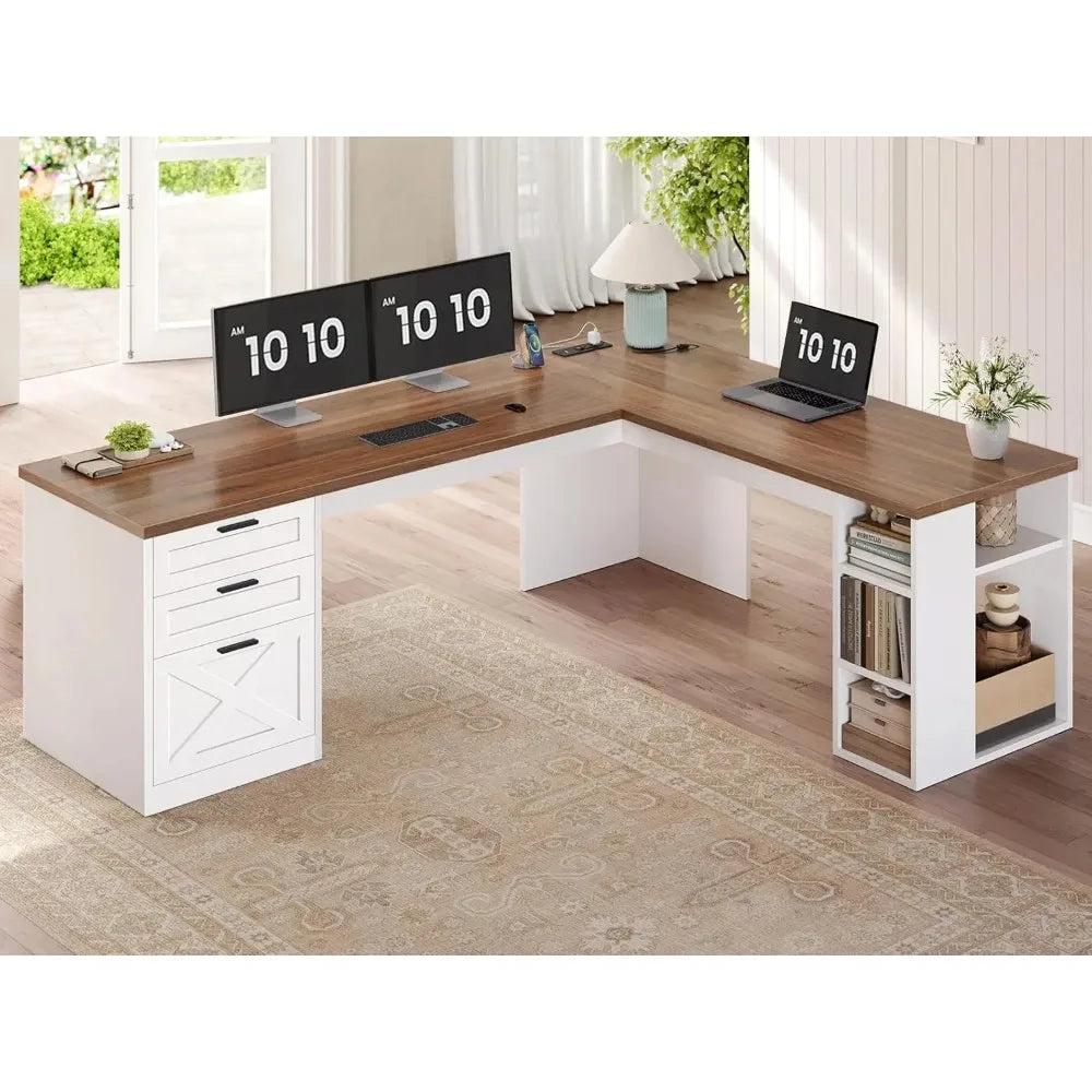 Farmhouse L Shaped Desk With Drawers And Storage Shelves
