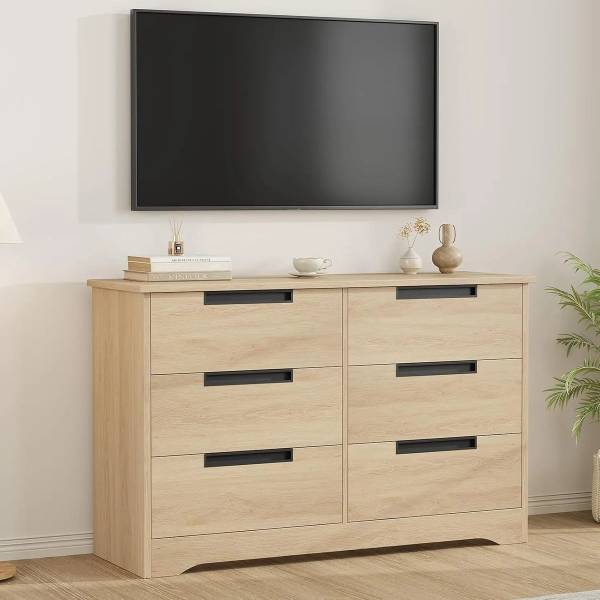 Modern Wooden Dresser With Six Drawers And Recessed Handles