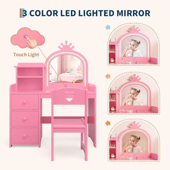 HiMISS Kids Vanity Desk Set With Lights Chair And Bookshelf